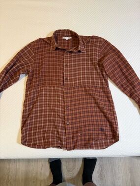JW ANDERSON Rust Plaid Button-Down Shirt with Blue Accents